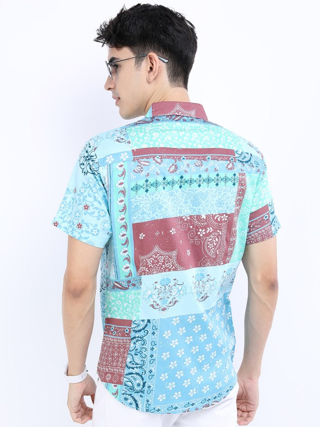 Highlander Men Sea Green Printed Slim Fit Casual Shirt - Green - Image 2