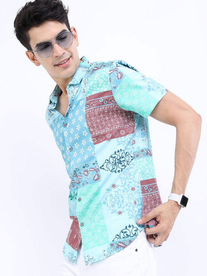 Highlander Men Sea Green Printed Slim Fit Casual Shirt - Green - Image 3