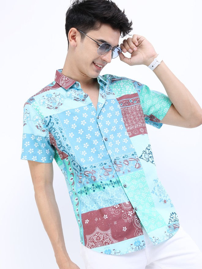 Highlander Men Sea Green Printed Slim Fit Casual Shirt - Green - Image 5