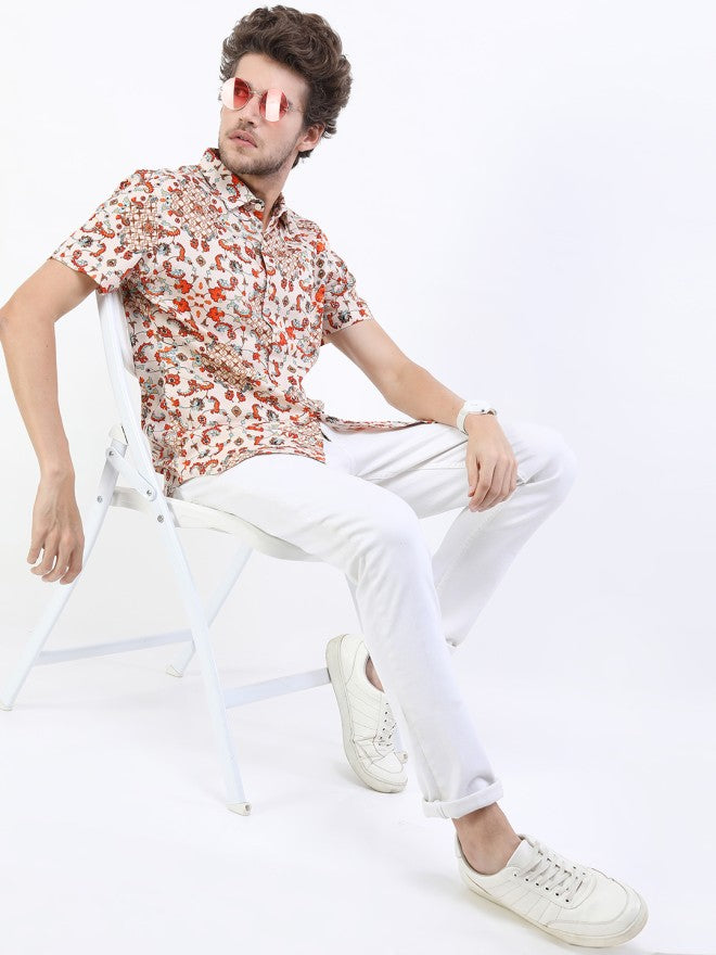 Highlander Men Beige Printed Slim Fit Casual Shirt - Beige - Image 1