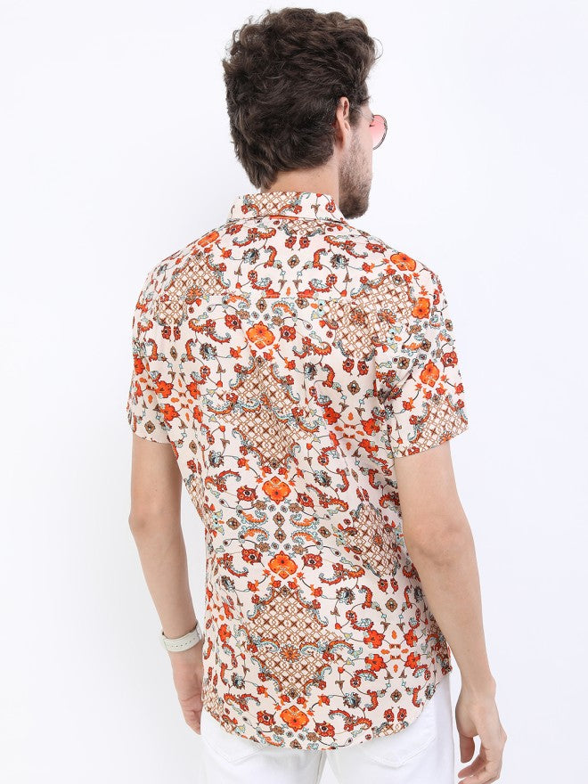 Highlander Men Beige Printed Slim Fit Casual Shirt - Beige - Image 2