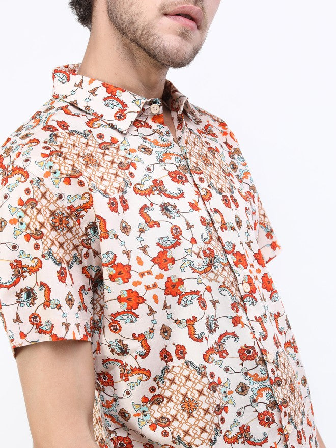 Highlander Men Beige Printed Slim Fit Casual Shirt - Beige - Image 3