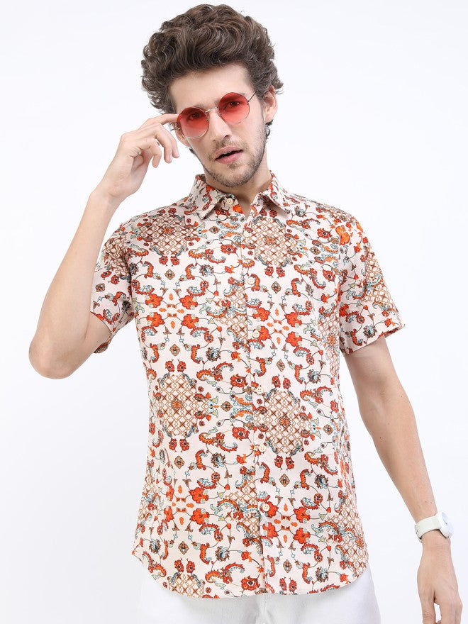 Highlander Men Beige Printed Slim Fit Casual Shirt - Beige - Image 4
