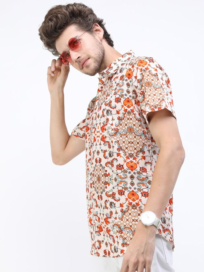 Highlander Men Beige Printed Slim Fit Casual Shirt - Beige - Image 5