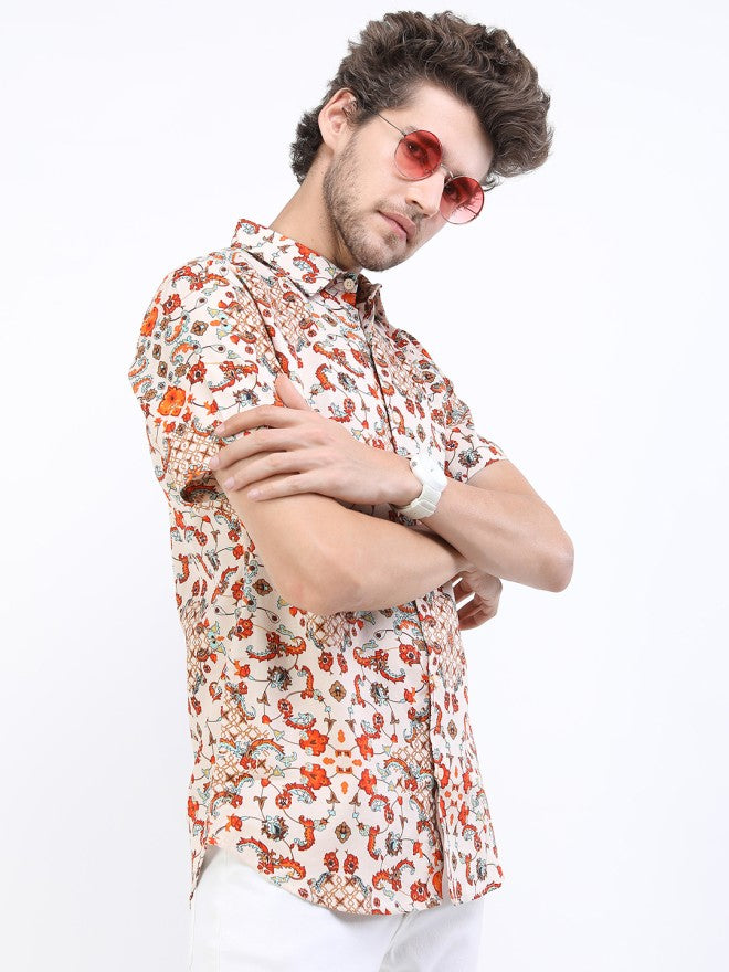 Highlander Men Beige Printed Slim Fit Casual Shirt - Beige - Image 6