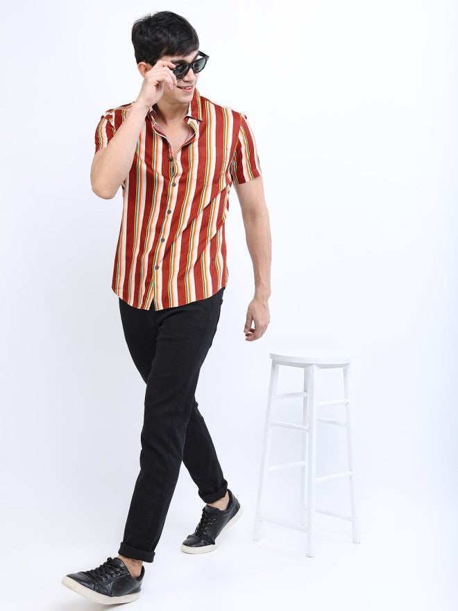 Highlander Men Maroon Striped Slim Fit Casual Shirt - Maroon - Image 1