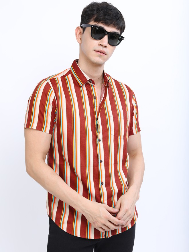 Highlander Men Maroon Striped Slim Fit Casual Shirt - Maroon - Image 3