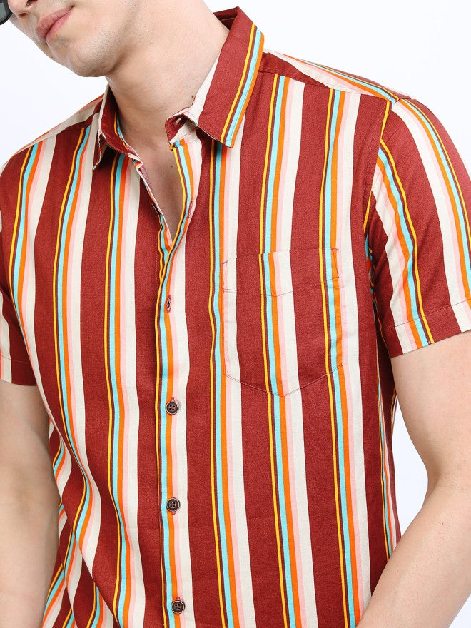 Highlander Men Maroon Striped Slim Fit Casual Shirt - Maroon - Image 4
