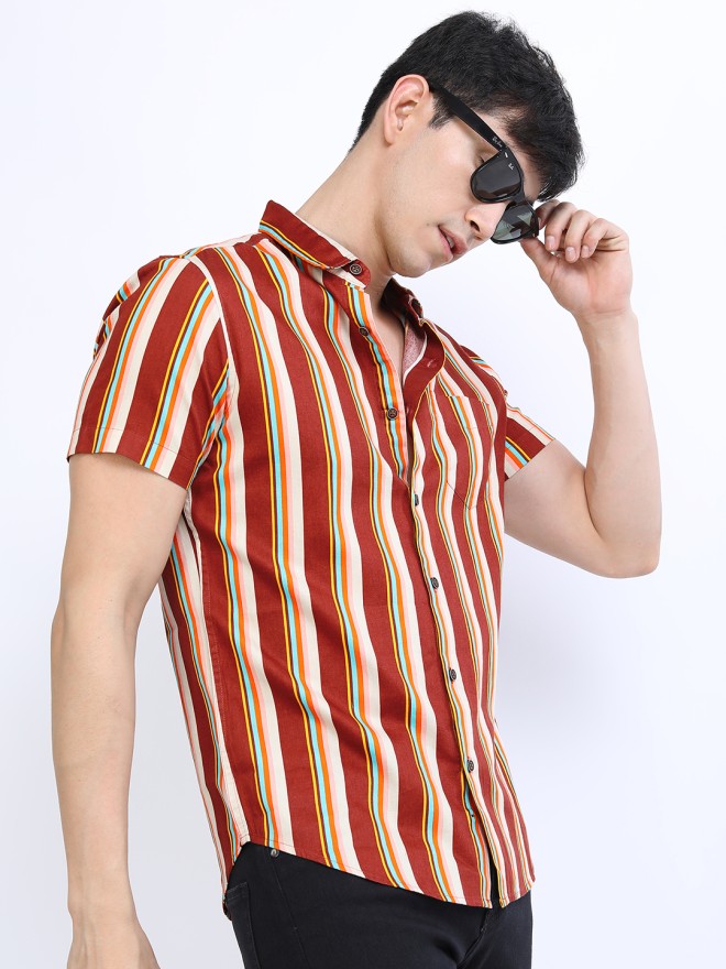 Highlander Men Maroon Striped Slim Fit Casual Shirt - Maroon - Image 5