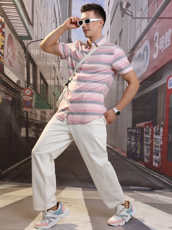 Highlander Men Pink Striped Slim Fit Casual Shirt - Pink - Image 1