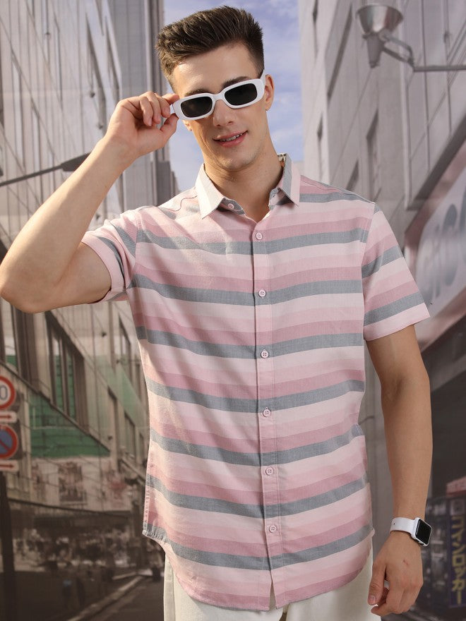 Highlander Men Pink Striped Slim Fit Casual Shirt - Pink - Image 3