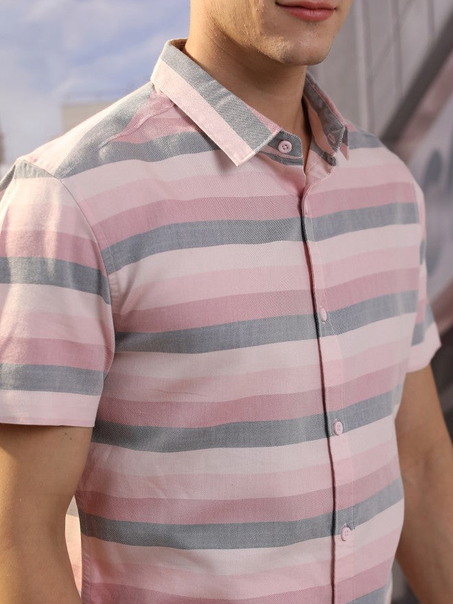 Highlander Men Pink Striped Slim Fit Casual Shirt - Pink - Image 4
