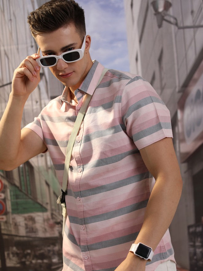 Highlander Men Pink Striped Slim Fit Casual Shirt - Pink - Image 5