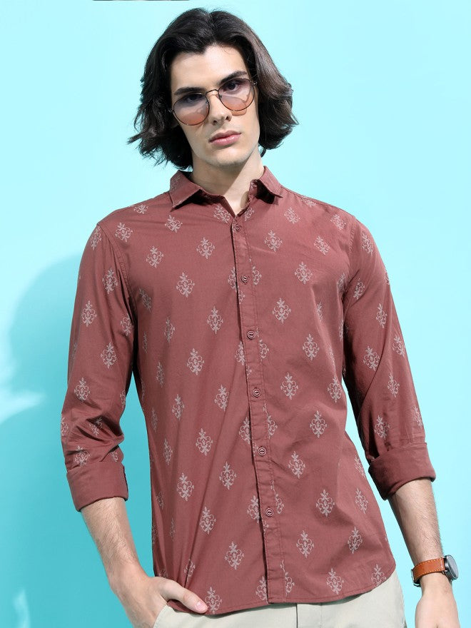 Highlander Men Brown Printed Slim Fit Casual Shirt - Brown - Image 5