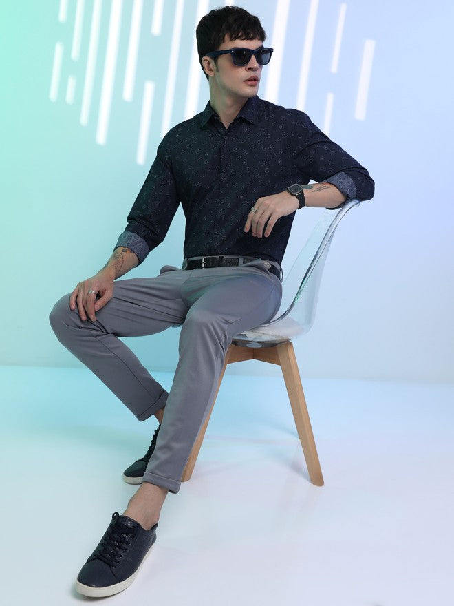 Highlander Men Navy Blue Printed Slim Fit Casual Shirt - Navy Blue - Image 1