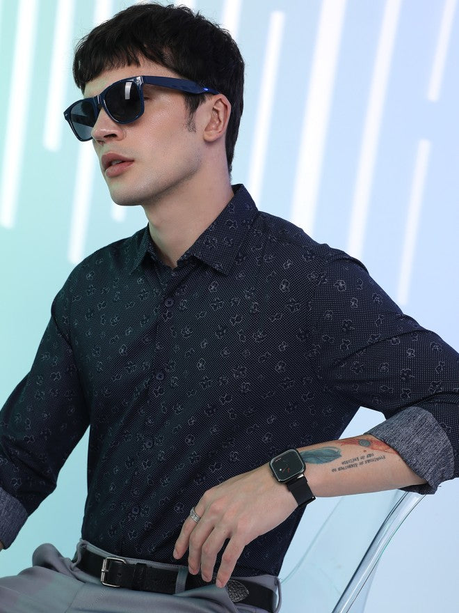 Highlander Men Navy Blue Printed Slim Fit Casual Shirt - Navy Blue - Image 3