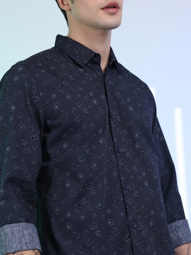Highlander Men Navy Blue Printed Slim Fit Casual Shirt - Navy Blue - Image 4