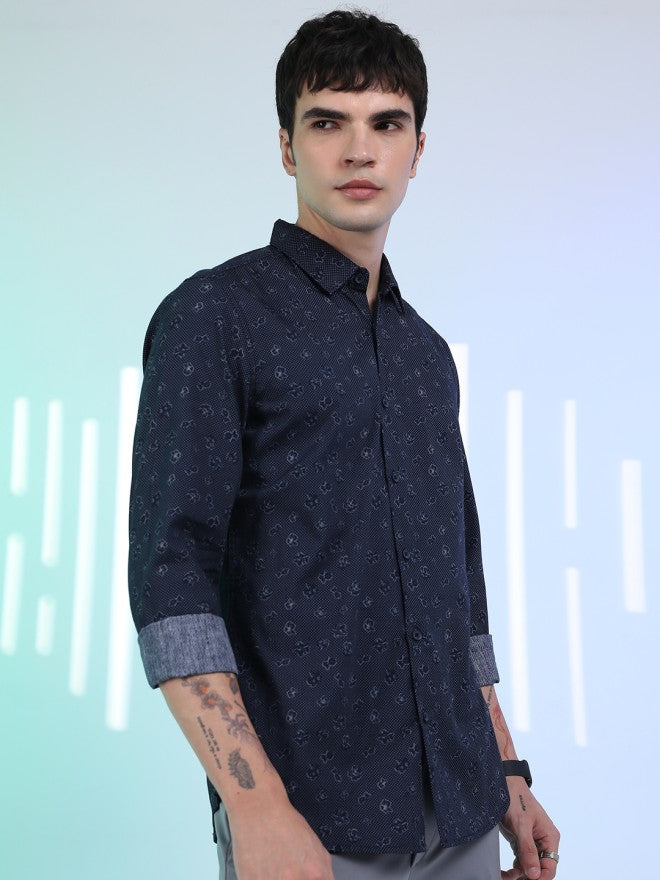 Highlander Men Navy Blue Printed Slim Fit Casual Shirt - Navy Blue - Image 5
