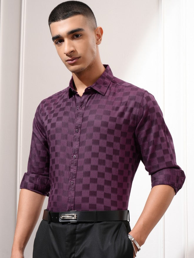 Highlander Men Purple Checked Slim Fit Casual Shirt - Purple - Image 4
