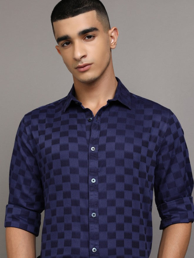 Highlander Men Navy Blue Checked Slim Fit Casual Shirts - Navy Blue - Image 1