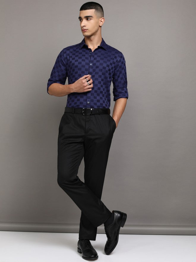 Highlander Men Navy Blue Checked Slim Fit Casual Shirts - Navy Blue - Image 2