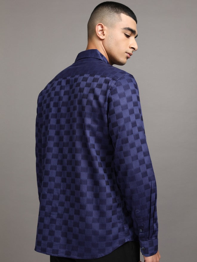 Highlander Men Navy Blue Checked Slim Fit Casual Shirts - Navy Blue - Image 3
