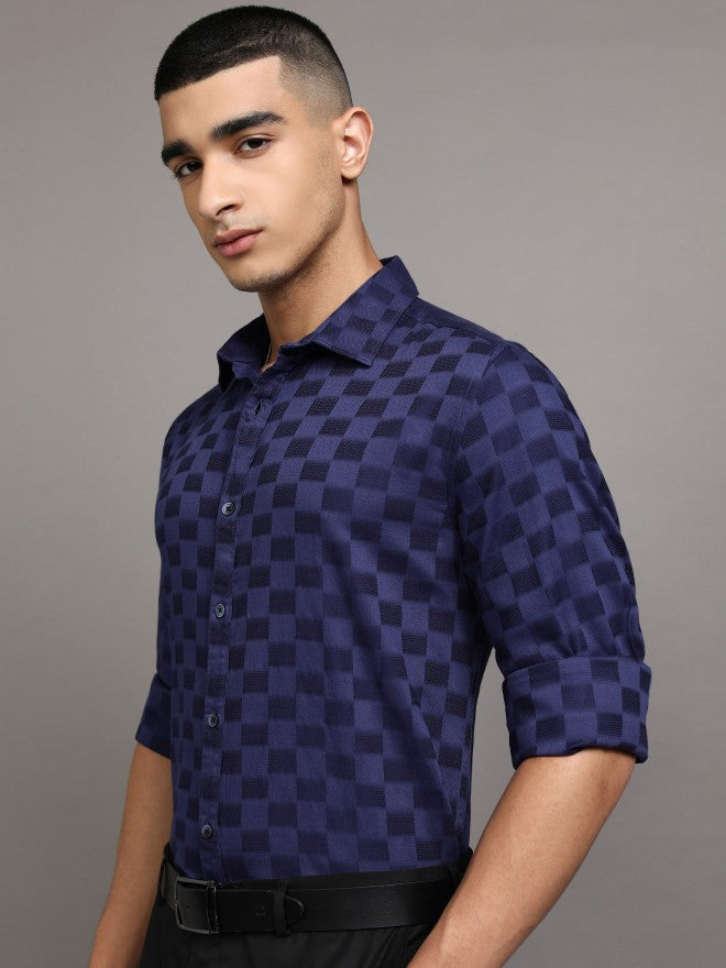 Highlander Men Navy Blue Checked Slim Fit Casual Shirts - Navy Blue - Image 4
