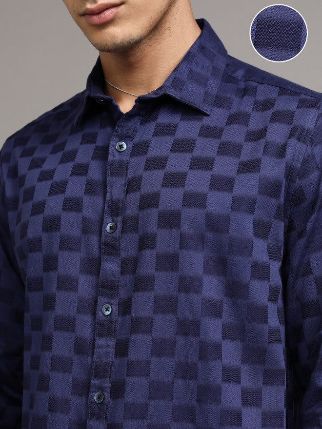 Highlander Men Navy Blue Checked Slim Fit Casual Shirts - Navy Blue - Image 5