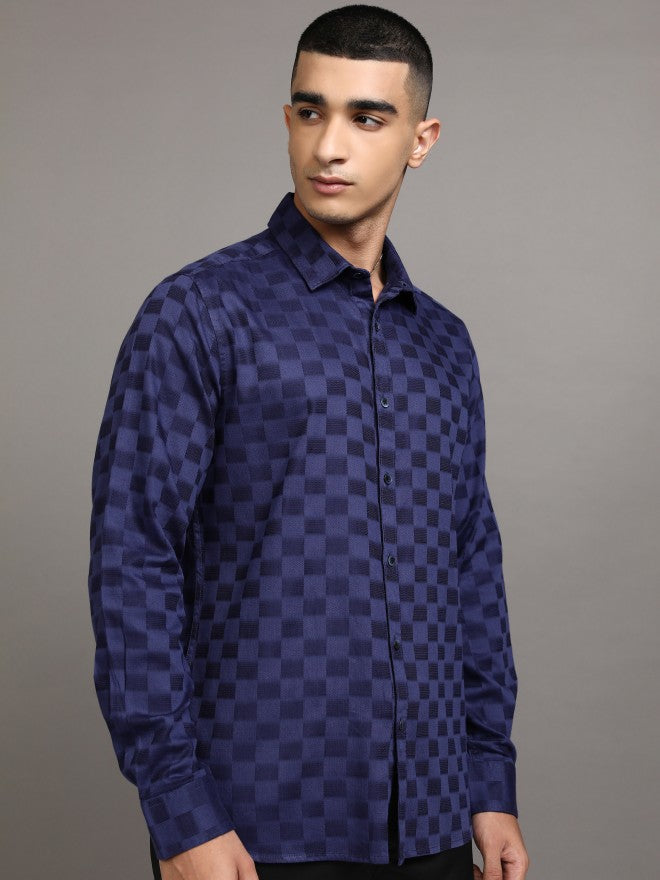 Highlander Men Navy Blue Checked Slim Fit Casual Shirts - Navy Blue - Image 6