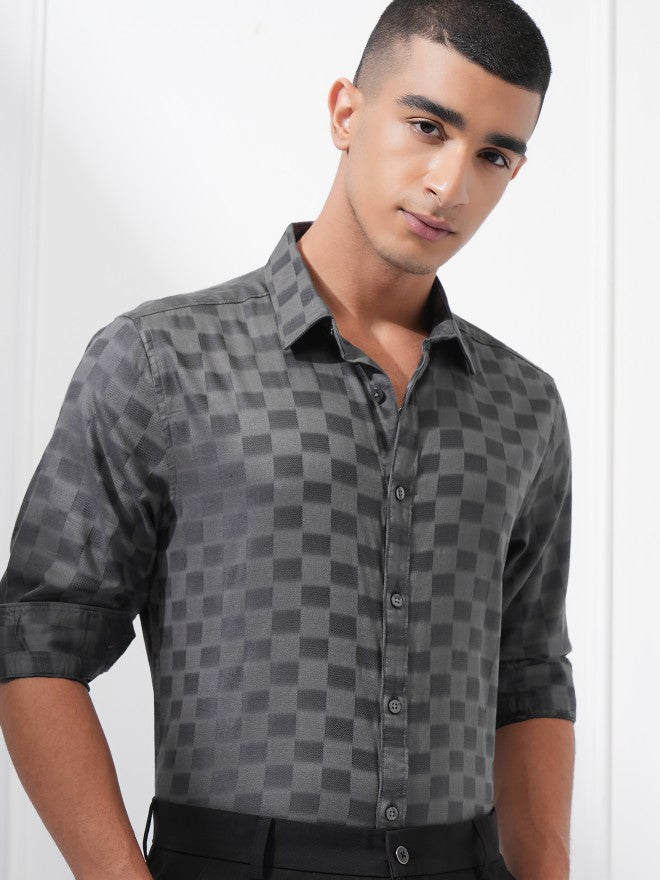 Highlander Men Charcoal Checked Slim Fit Casual Shirt - Charcoal - Image 1