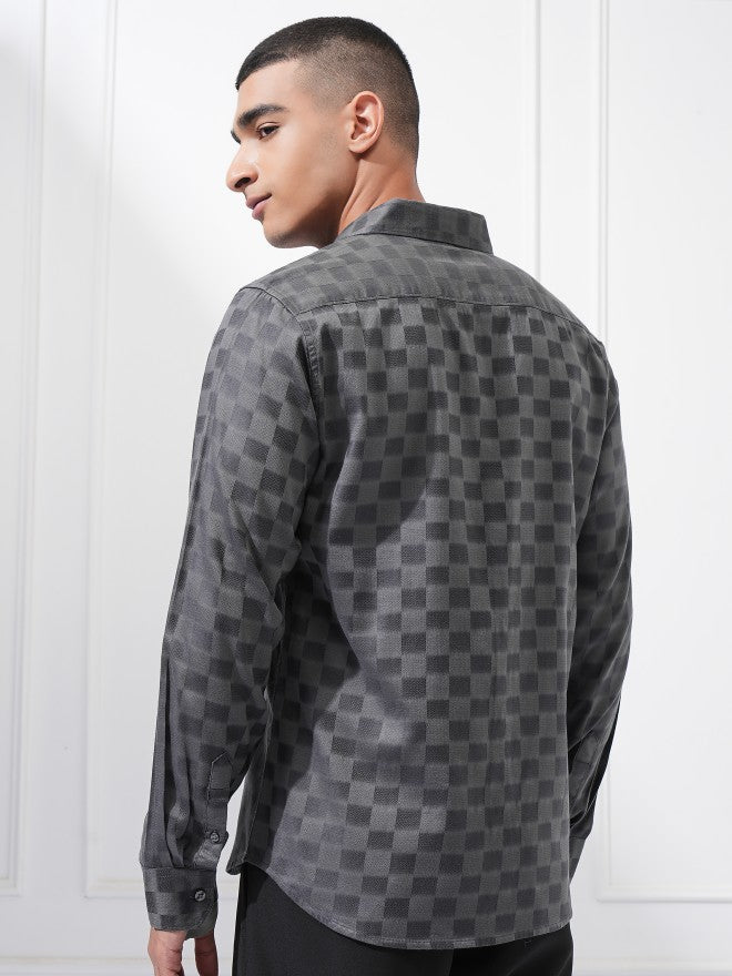 Highlander Men Charcoal Checked Slim Fit Casual Shirt - Charcoal - Image 3