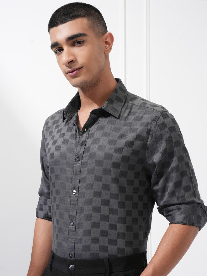 Highlander Men Charcoal Checked Slim Fit Casual Shirt - Charcoal - Image 4