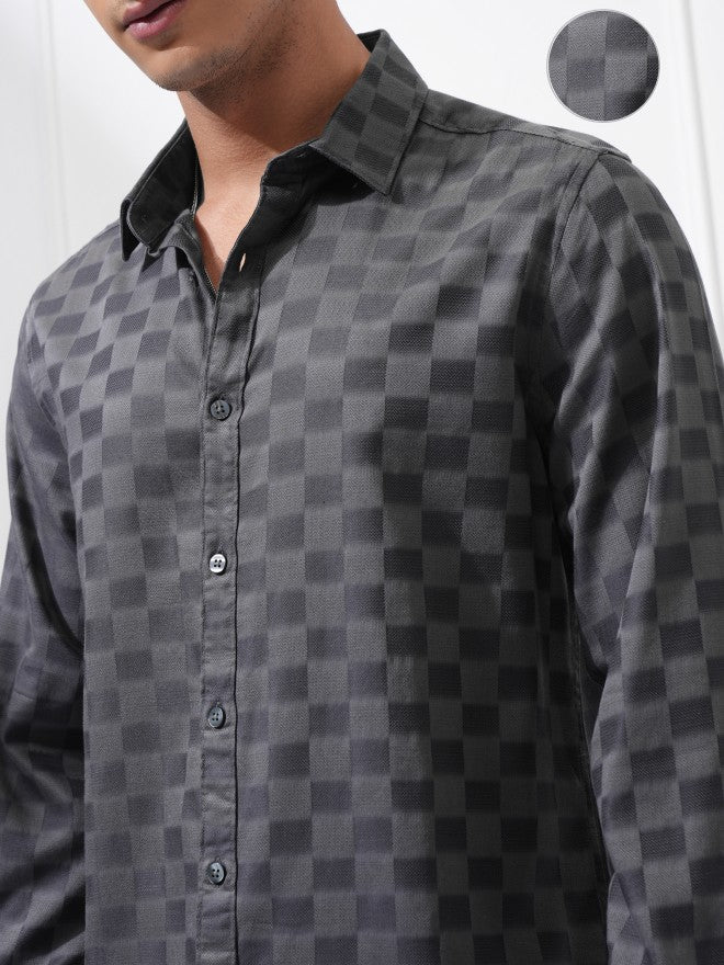 Highlander Men Charcoal Checked Slim Fit Casual Shirt - Charcoal - Image 5