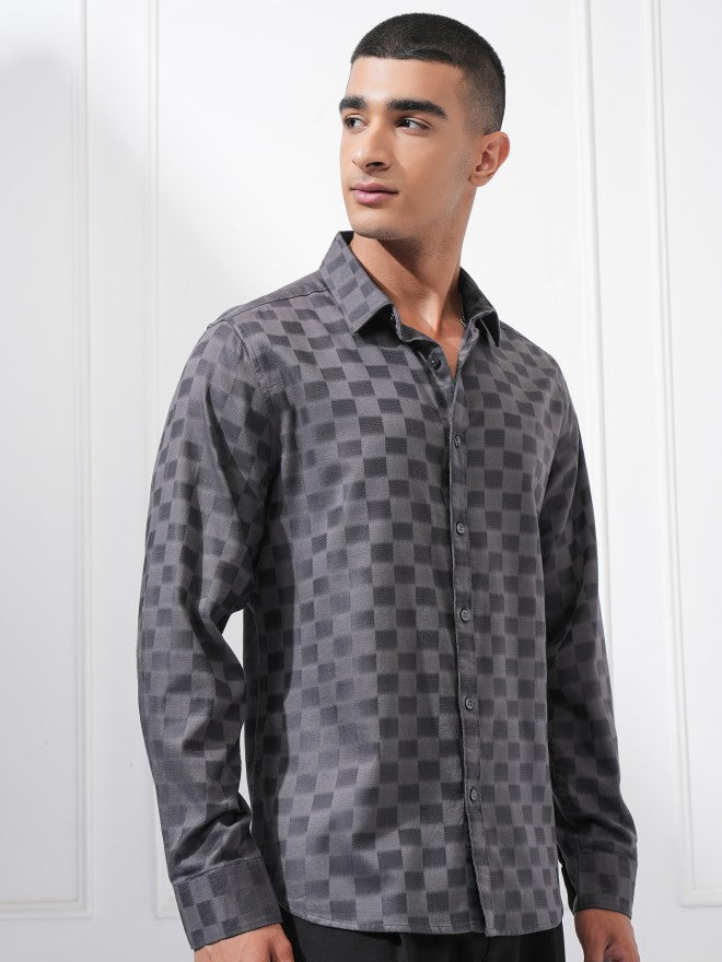 Highlander Men Charcoal Checked Slim Fit Casual Shirt - Charcoal - Image 6