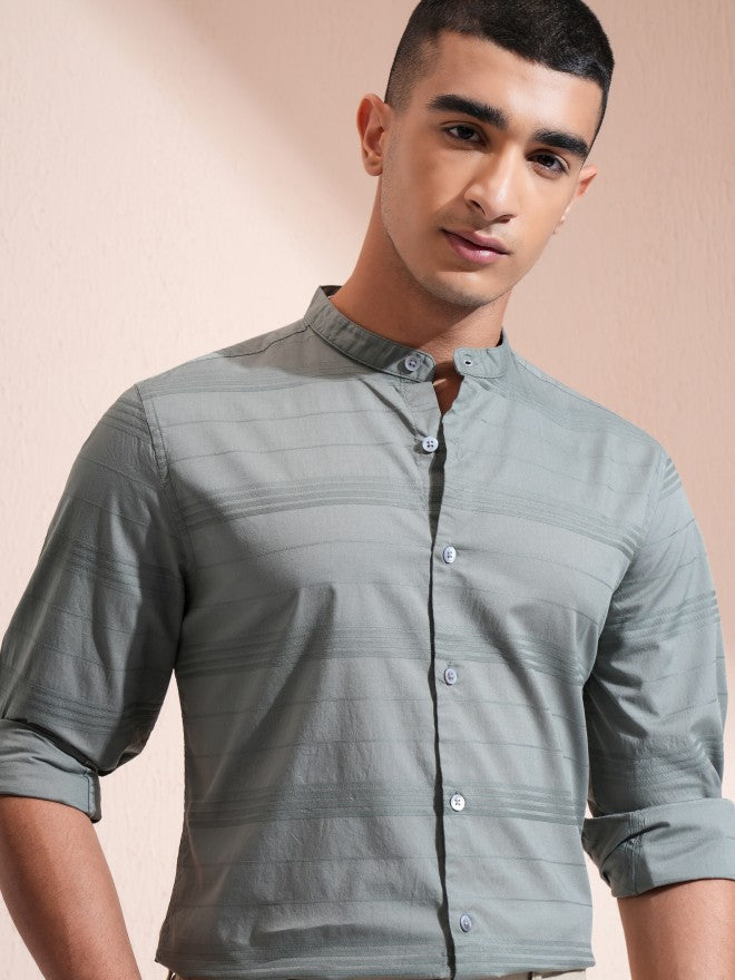 Highlander Men Olive Striped Regular Fit Casual Shirt - Olive - Image 1