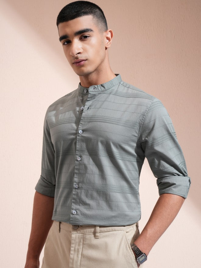 Highlander Men Olive Striped Regular Fit Casual Shirt - Olive - Image 4