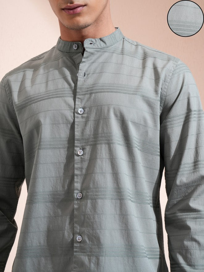 Highlander Men Olive Striped Regular Fit Casual Shirt - Olive - Image 5