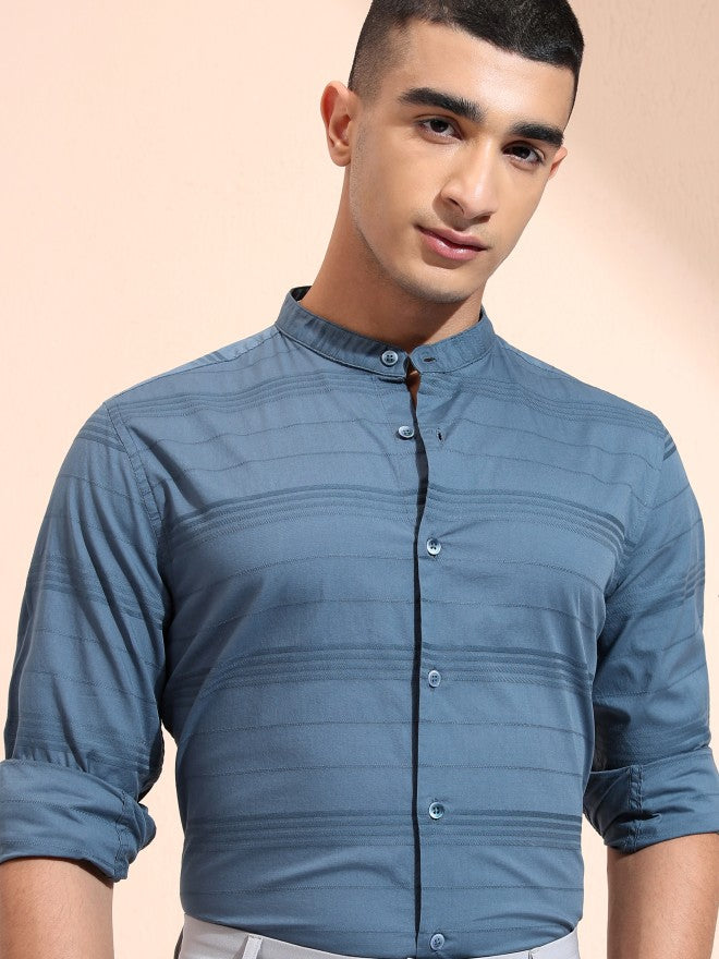Highlander Men Blue Striped Regular Fit Casual Shirt - Blue - Image 1