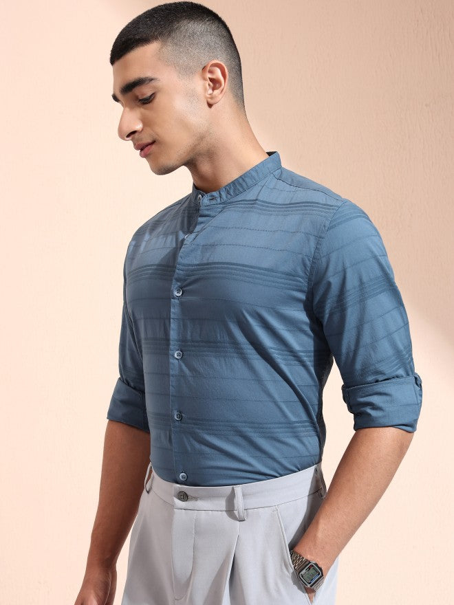 Highlander Men Blue Striped Regular Fit Casual Shirt - Blue - Image 4