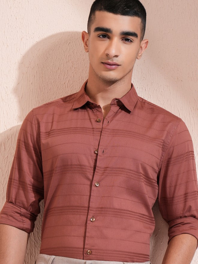 Highlander Men Rust Striped Regular Fit Casual Shirt - Rust - Image 1