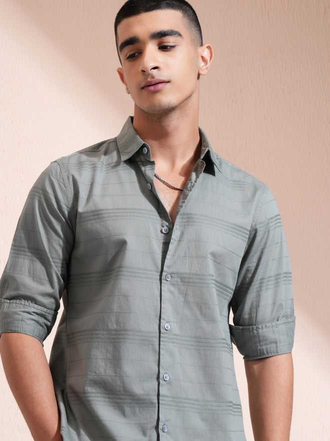Highlander Men Olive Striped Regular Fit Casual Shirt - Olive - Image 1