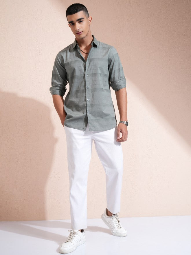 Highlander Men Olive Striped Regular Fit Casual Shirt - Olive - Image 2
