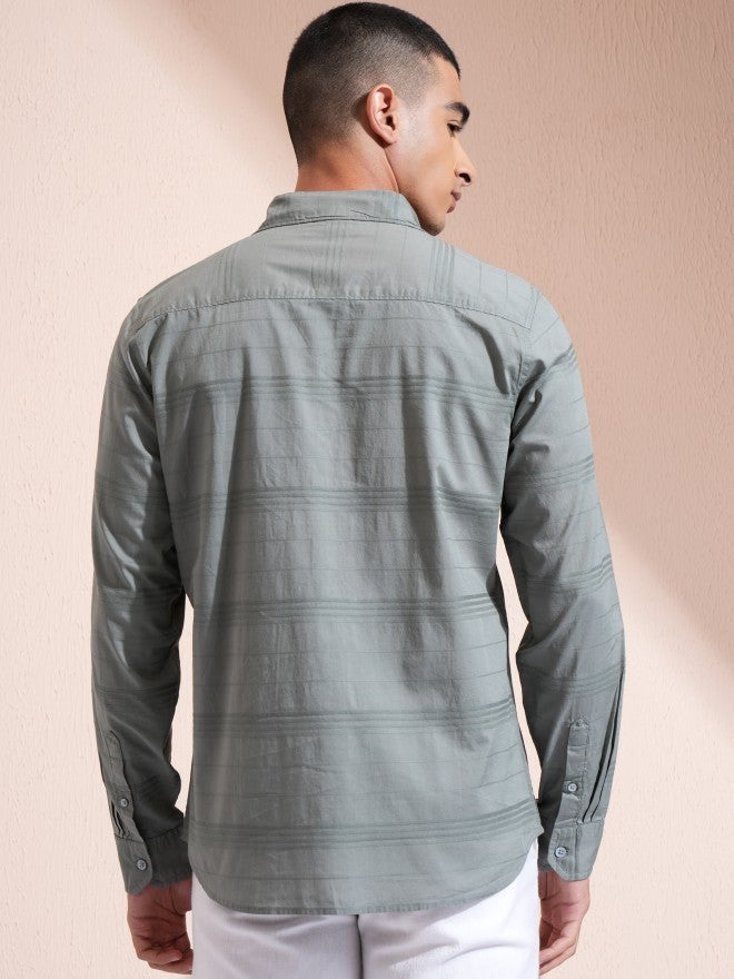 Highlander Men Olive Striped Regular Fit Casual Shirt - Olive - Image 3