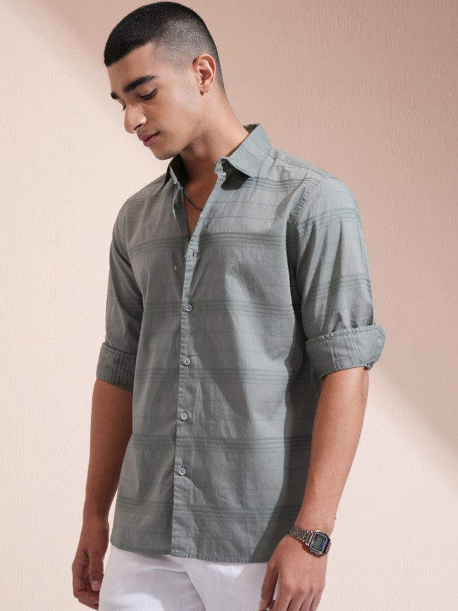Highlander Men Olive Striped Regular Fit Casual Shirt - Olive - Image 4