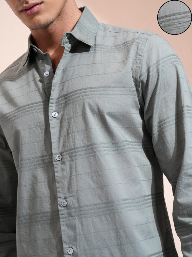 Highlander Men Olive Striped Regular Fit Casual Shirt - Olive - Image 5