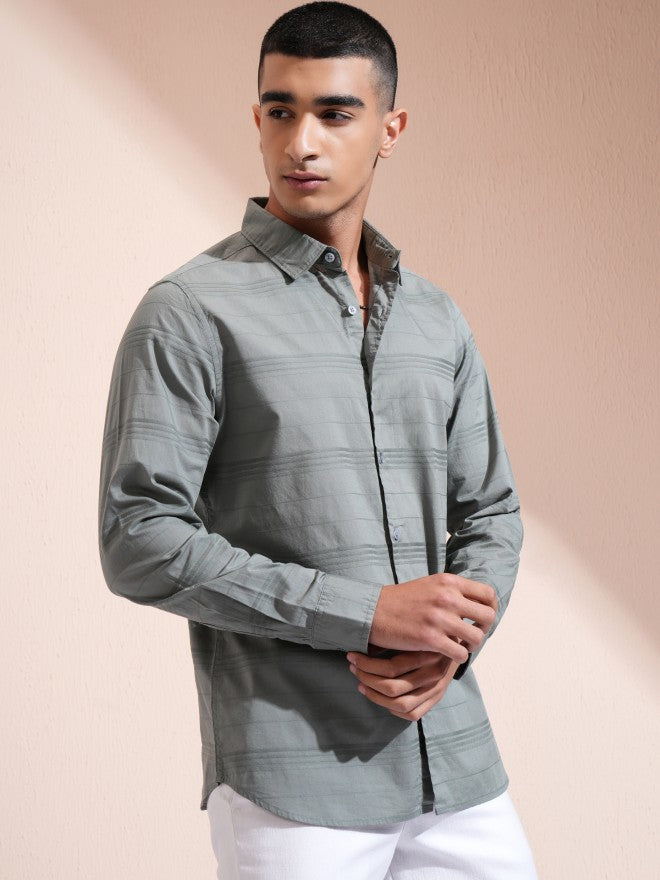 Highlander Men Olive Striped Regular Fit Casual Shirt - Olive - Image 6