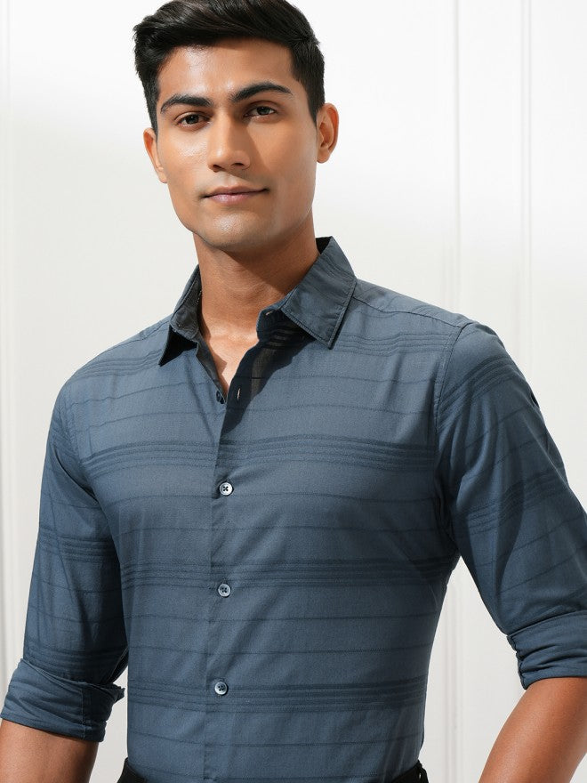 Highlander Men Blue Striped Regular Fit Casual Shirt - Blue - Image 1