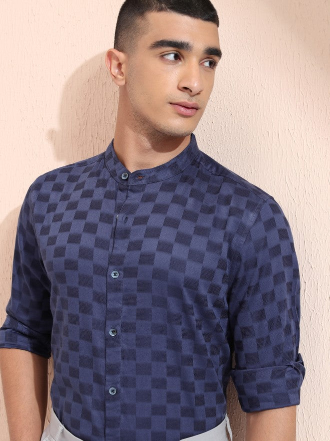 Highlander Men Navy Blue Checked Regular Fit Casual Shirt - Navy Blue - Image 1