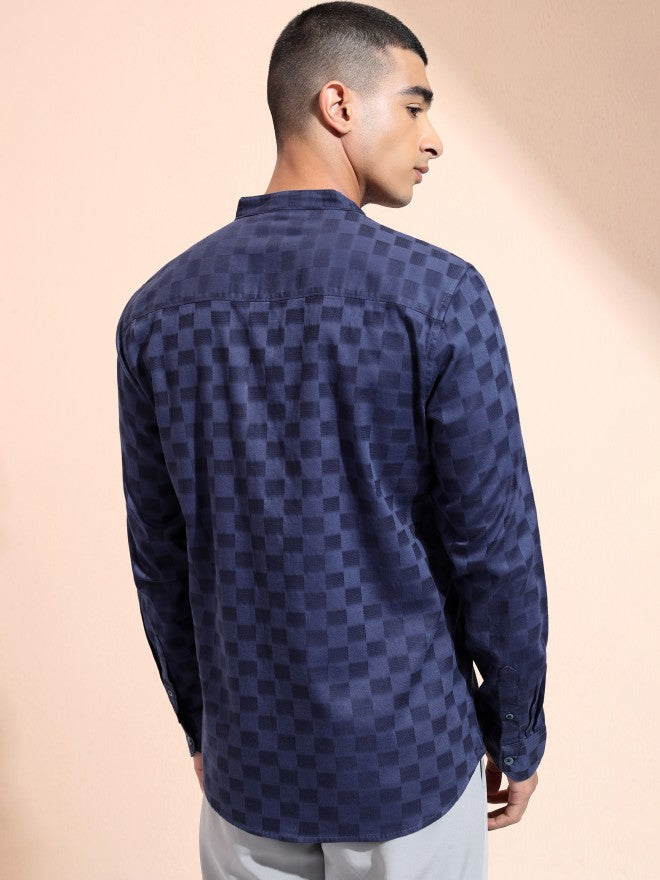 Highlander Men Navy Blue Checked Regular Fit Casual Shirt - Navy Blue - Image 3