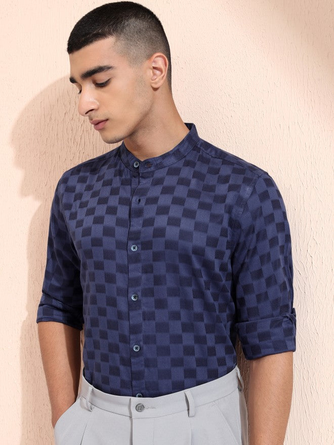Highlander Men Navy Blue Checked Regular Fit Casual Shirt - Navy Blue - Image 4